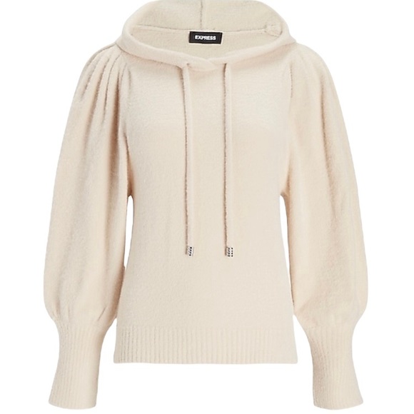 Express Sweaters - Express Cozy Balloon Sleeve Hooded Sweater with Rhinestone Detail in Sandshell
